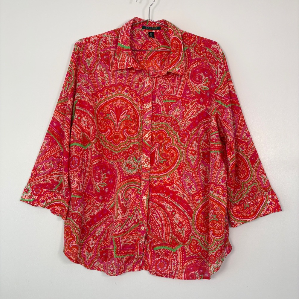 Lauren Ralph Lauren Womens Button Down Shirt 3X Pink Orange Paisley Cotton Top